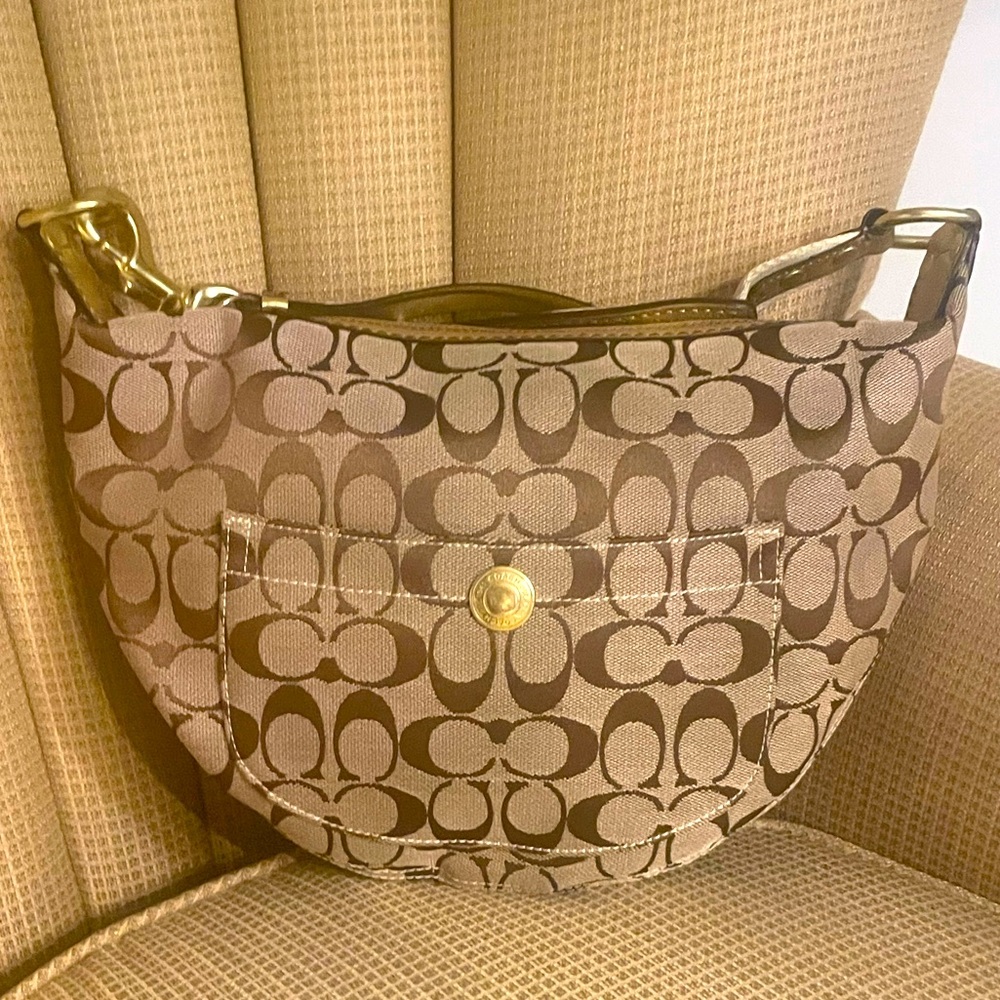 Coach Tan and Gold Shoulder Bag with Signature Pattern